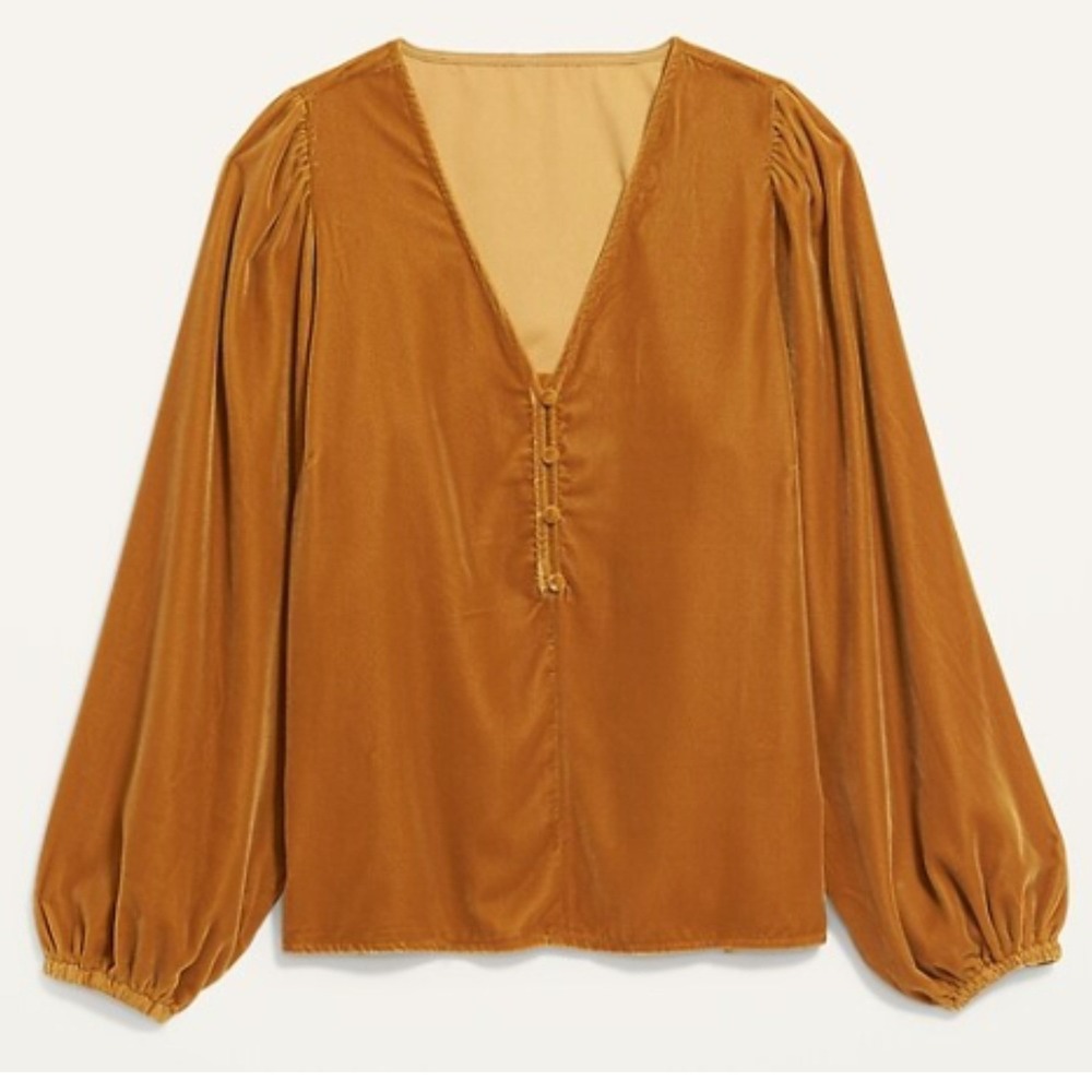 Old Navy 2X Velvet V-Neck Button Front Blouse Mustard Yellow Long Puff Sleeve
